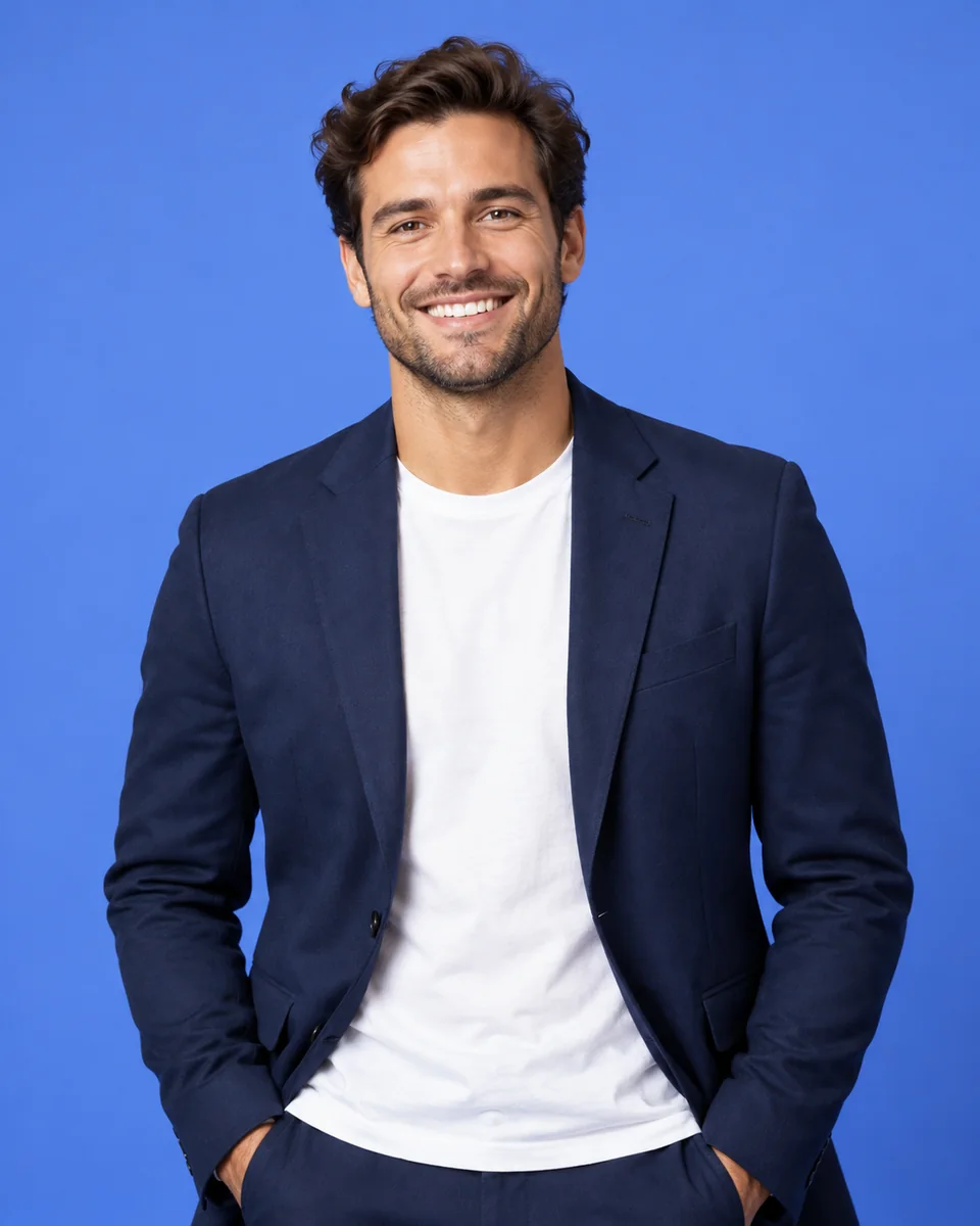Illustrative portrait of a smiling professional against a blue background
