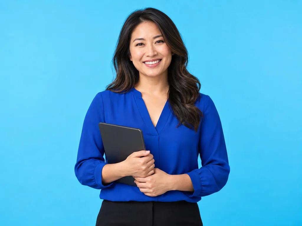 Illustrative portrait of a friendly professional holding a tablet against a cyan background