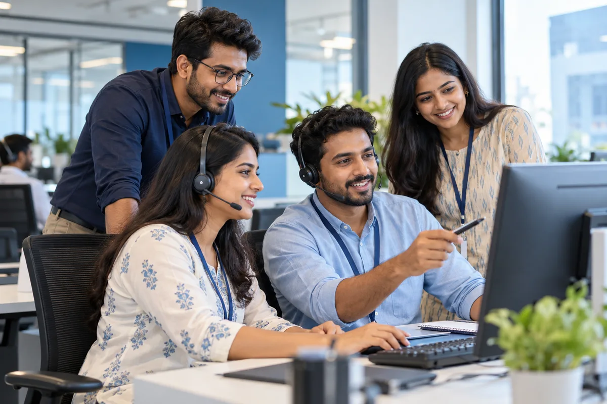 Illustrative support team sharing ideas in a contemporary office